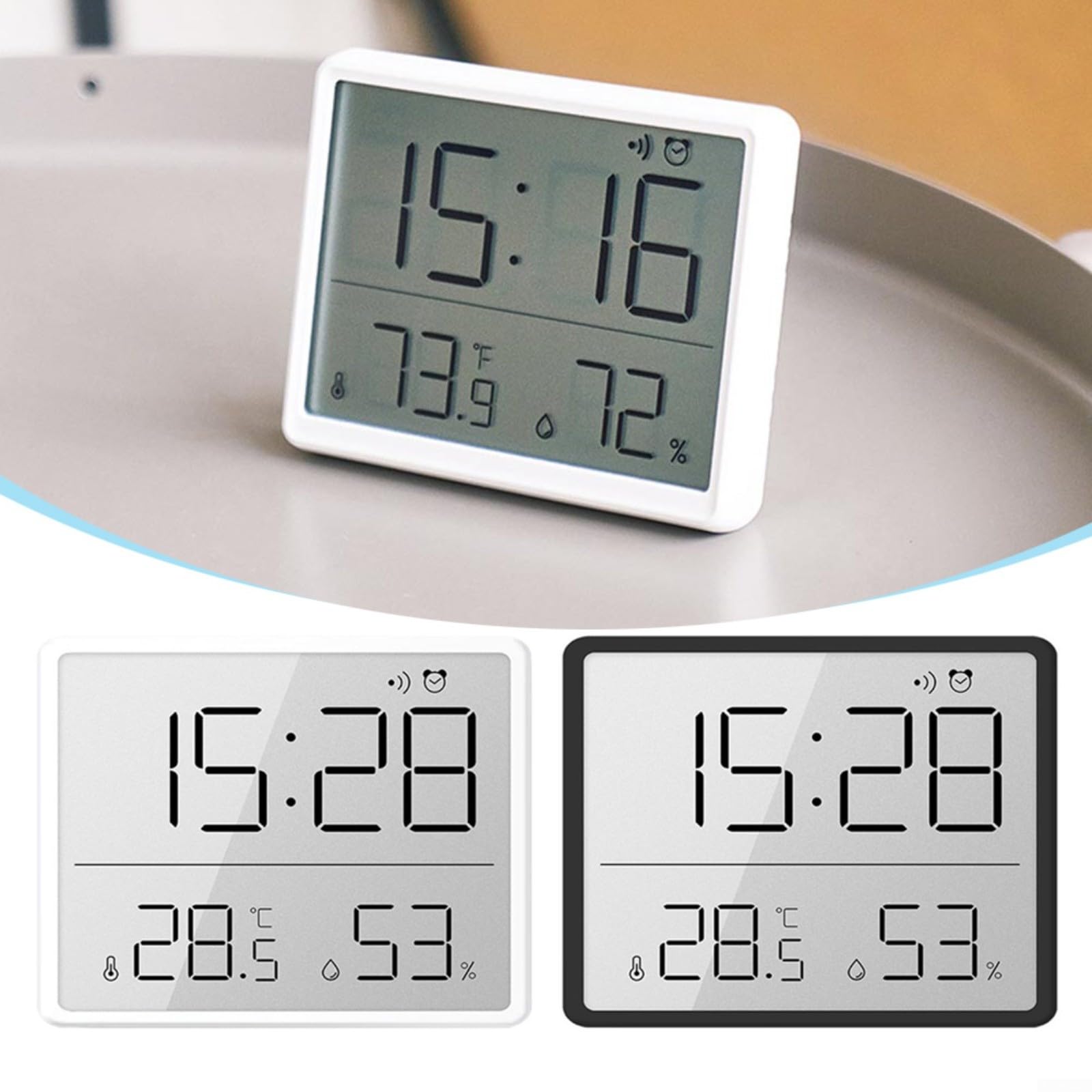 Thermomètre-hygromètre numérique avec horloge, grand écran, aspiration magnétique 9,3 x 7,3 x 1,5 cm blanc