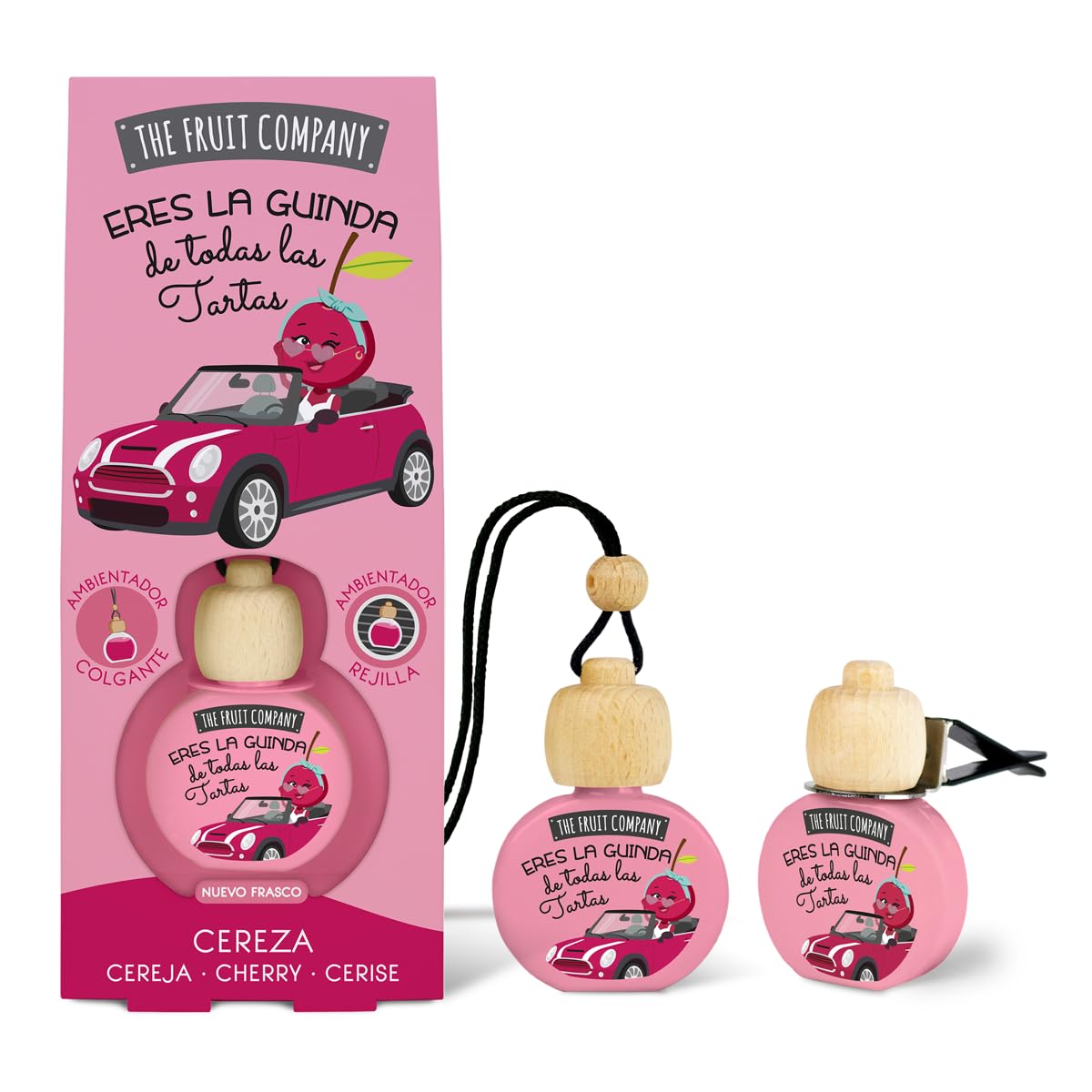 Pack de 3 Ambientadores Coche 2en1 The Fruit Company | Aroma Frutal, Absorbe Olores, Sin Alcohol, Extractos Naturales | Rejilla o Colgante | Larga Duración +45 Días (CEREZA)