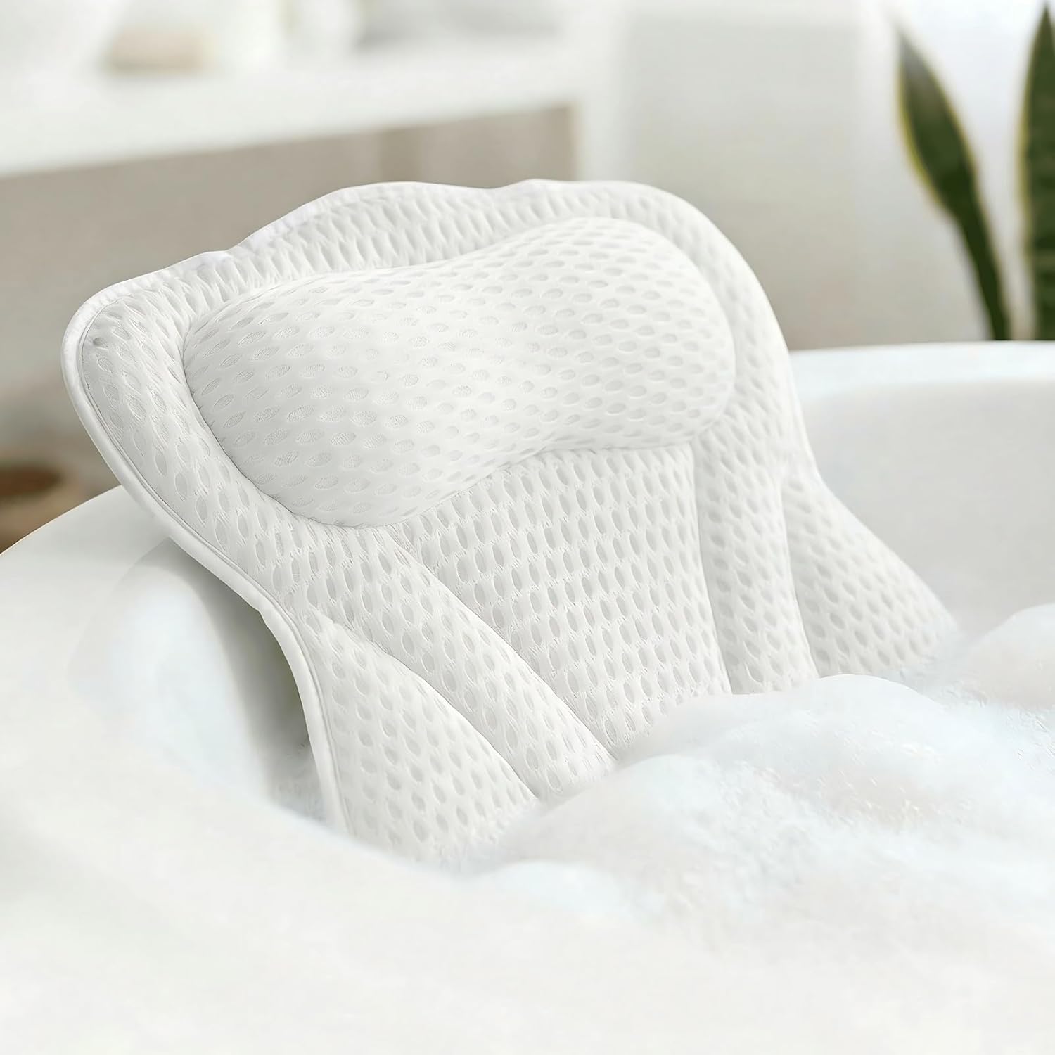 Bath Pillow for Tub, Soft Bathtub Pillow for Neck & Back Support with Breathable Fabric, Non-Slip Suction Cups, Quick-Dry Bathtub Accessory for Home Use