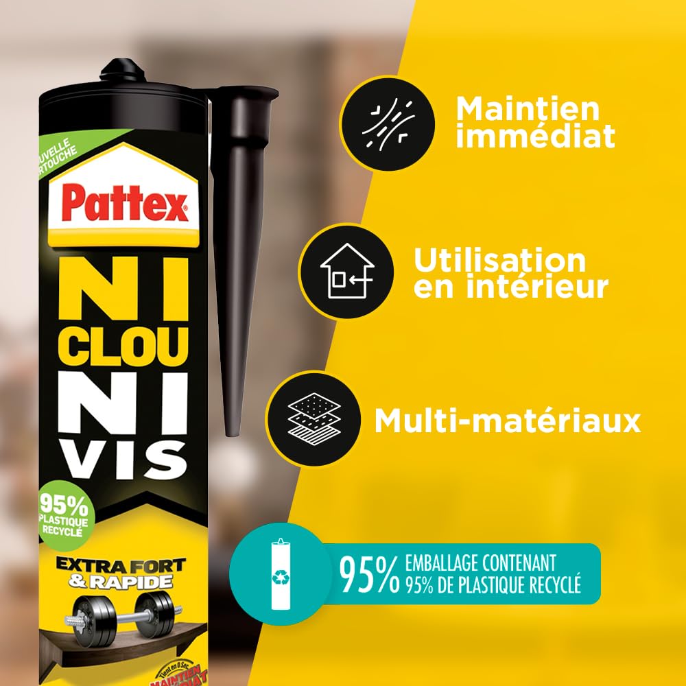 Pattex Ni Clou Ni Vis Extra Fort -12 cartouches de 380 g – Colle de fixation à maintien immédiat – Colle rapide pour usage intérieur surpuissante