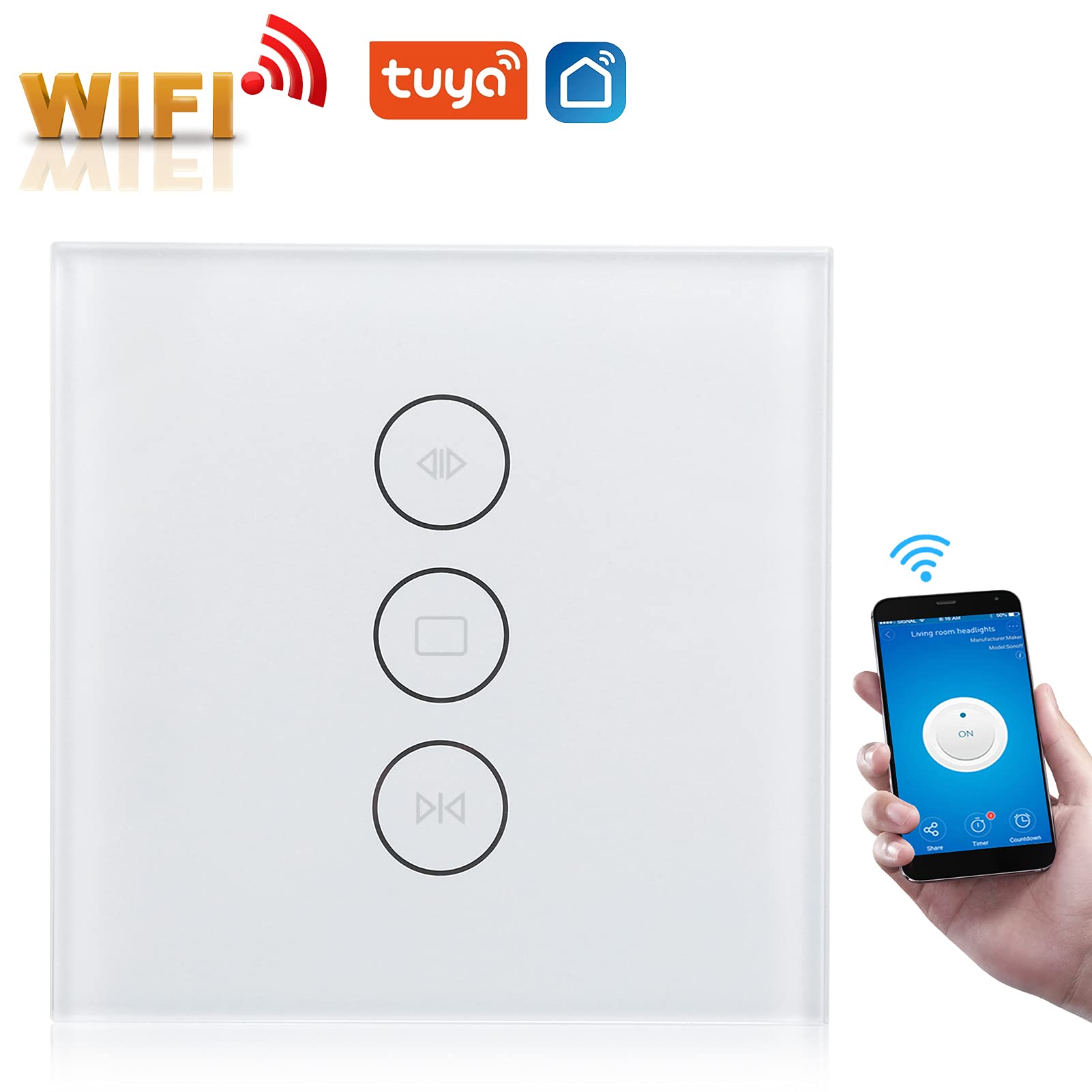 Interrupteur Intelligent pour Rideau, Commutateur d'écran Tactile WiFi en Verre Trempé, Compatible avec Home, IFTTT, Tuya, Commande Vocale APP(blanche)