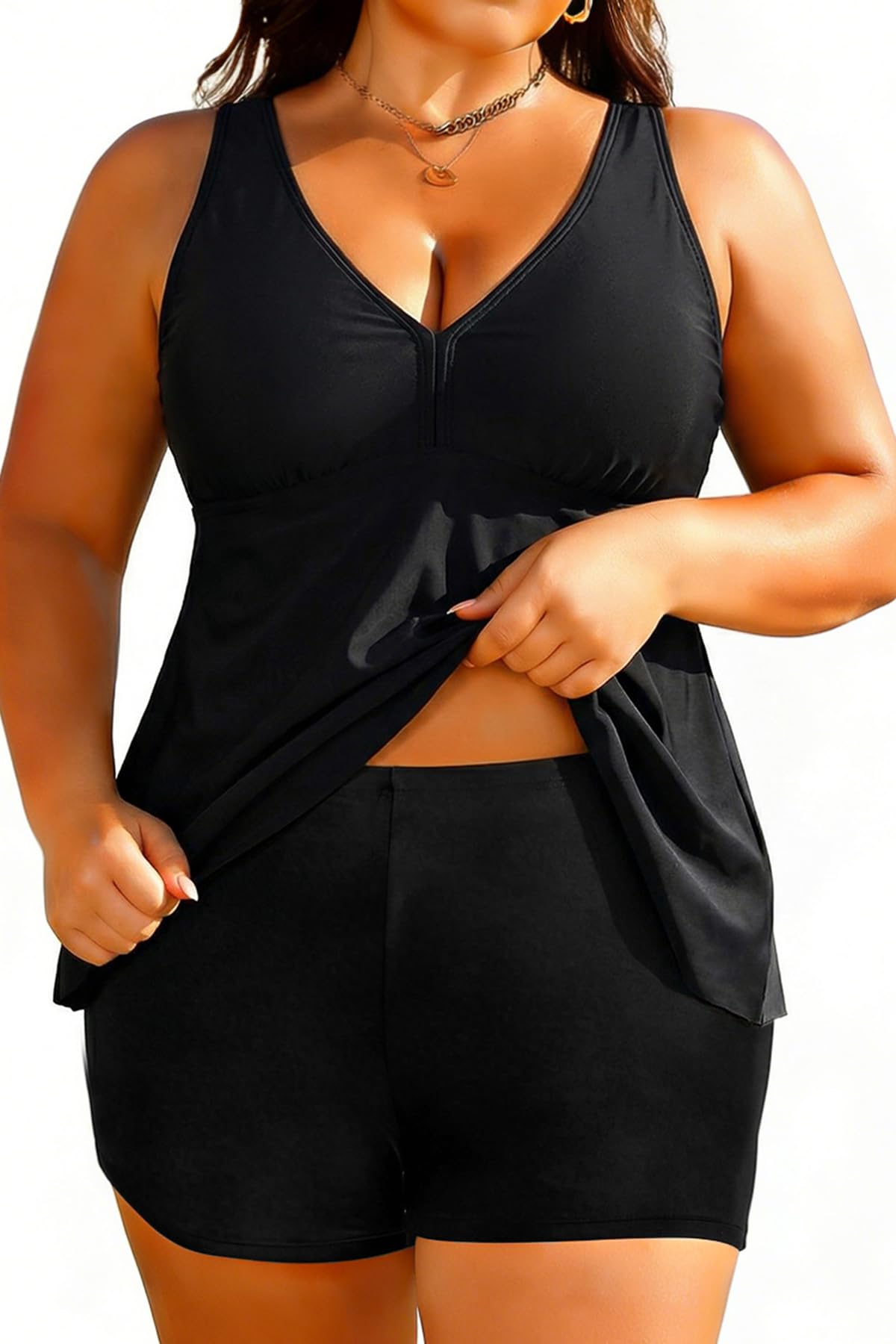 Women's Plus Size Tankini Ruched Flowy Two Pieces V Neck Cross Back Swimsuit-image-42
