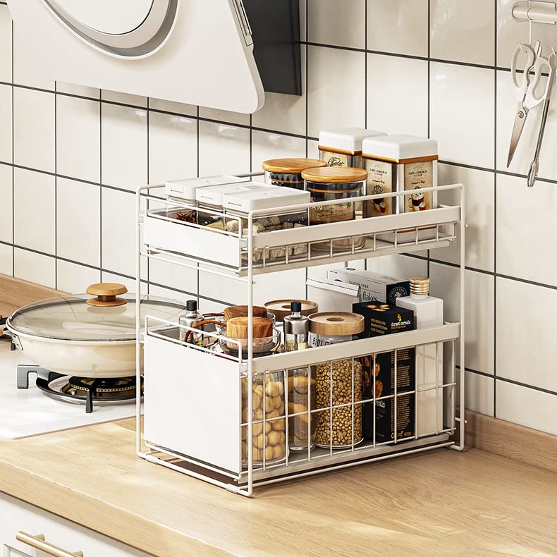 NINGESHOP Opbergsysteem Voor Onder De Gootsteen Met 2 Niveaus Uittrekbare Organizer Voor Onder De Gootsteen Ladeplank Multifunctionele Opbergplank Met Haken Voor Keuken Badkamer Wasruimte