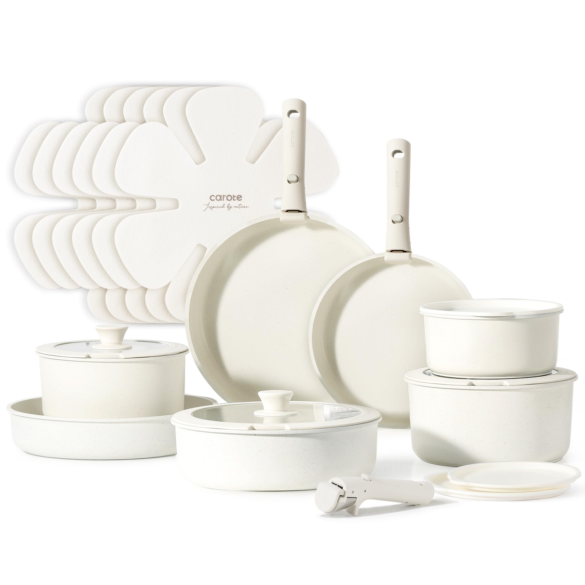 CAROTE 21pcs Pots and Pan Set Non Stick, Nonstick Induction Cookware, Cookware Set Kitchen with Detachable Handle, Removable Handle Cookware, RV Oven Safe Cookware, Cream White