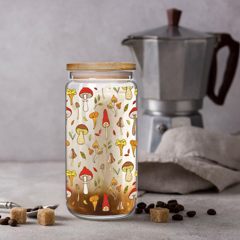 Enanaimg Mushroom Cup Mushroom Iced Coffee Glass Cups with Bamboo Lids and Straw, Mushrooms Gifts for Women, Perfect Birthday Mother's Day Gifts for for Mushrooms Lovers Women Mom Best friend Wife