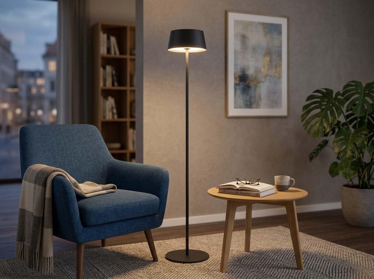 Northpoint Akku LED Stehleuchte dimmbar kabellos höhenverstellbar 120cm warmweiß Stehlampe Metall Schwarz