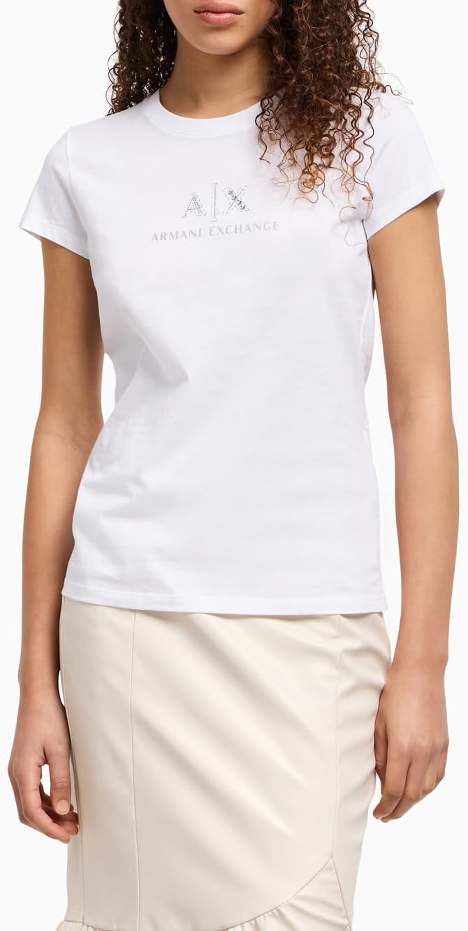 Armani Exchange Women's Crewneck Slim Fit Rhinestone Logo Tee, Optic White, Small - Image 2