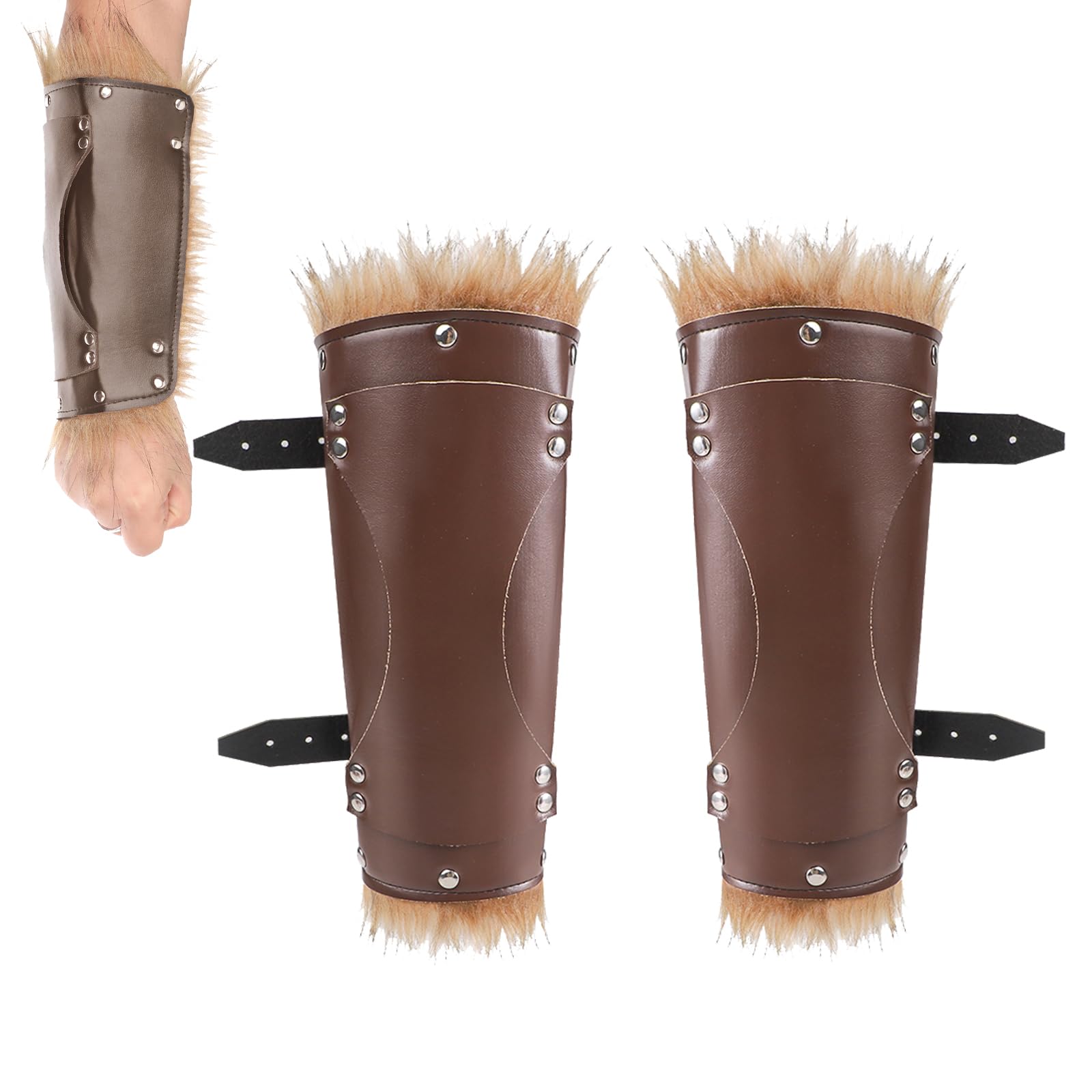 2pcs Medieval Leather Arm Guards with Faux Fur Knight Armour Arm Bracer Gauntlet Viking Punk Archery Arm Guards Wristband Adjustable Wide Arm Cuff Bracer Fancy Dress Handwear Dress Up Prop Accessories