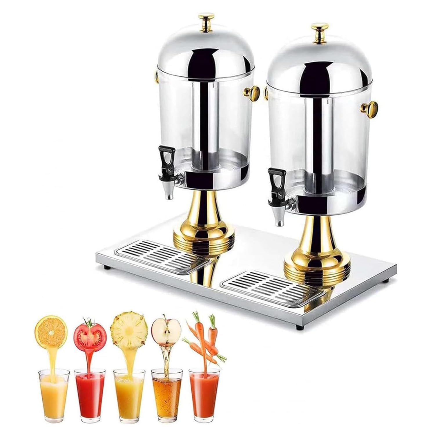 ASerZenith Commercial Juice Dispenser, Stainless Steel Clear Glass Drink Dispenser Juice Drink Commercial Beverage Dispenser, Self Service Cocktail Dispenser(Gold-Doublehead16L)