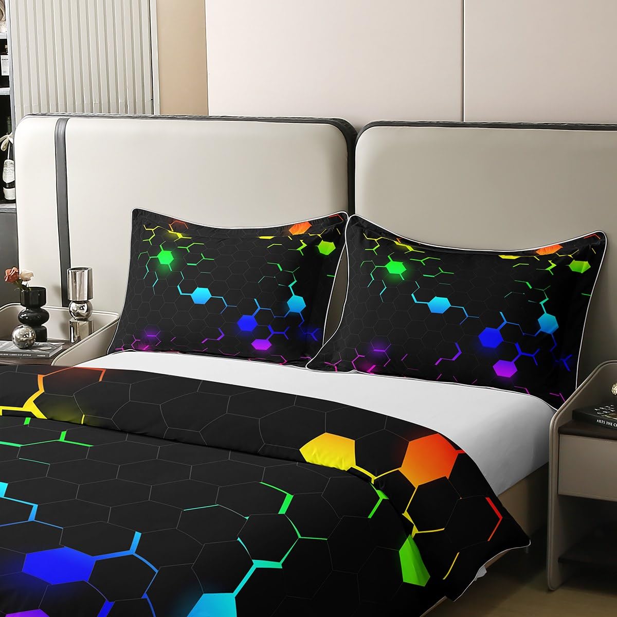 Homewish Modern Metal Honeycomb 100 Cotton Duvet Cover Single,Colorful Ombre Geometric Bedding Set,Hexagon Beehive Comforter Cover,Kids Boys Girls Honeycomb Quilt Cover with 1 Pillowcase,Green - Image 4