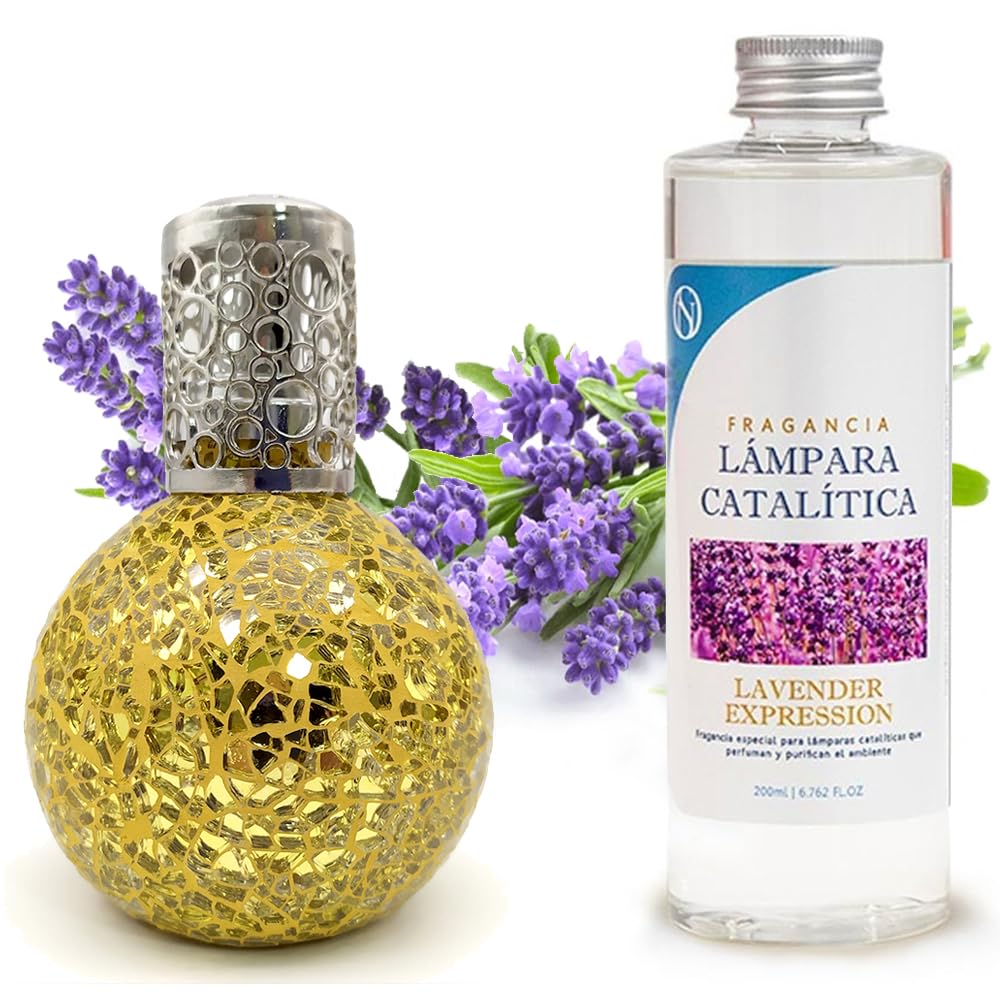 Pack Ahorro Lámpara Catalítica Mosaico Dorado + Fragancia Aroma Lavender 500ml. Elimina malos olores e impurezas, perfuma y limpia.