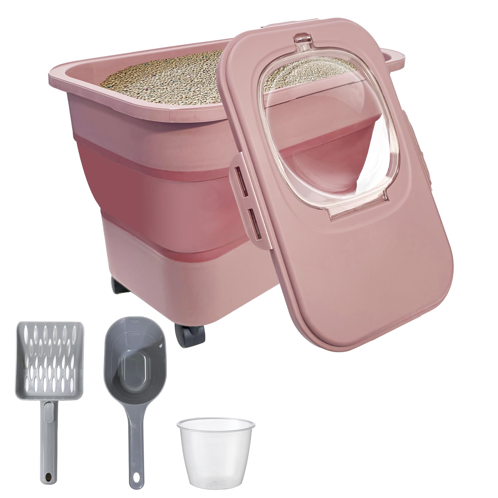 SECOAT Collapsible Cat Litter Storage Container with Rolling Casters,20 Lbs Cat Litter Storage with Wheels,Airtight Lids,Cat Litter Shovel,Portable