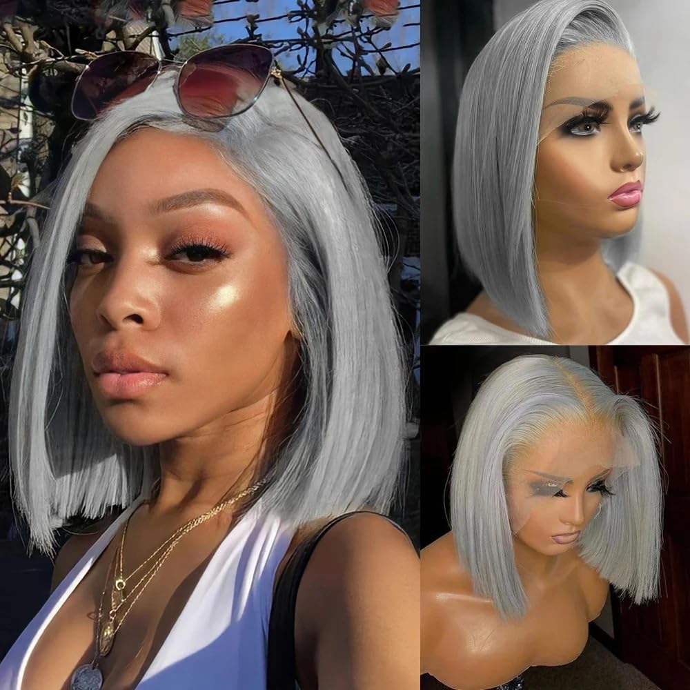 Mscathy Grey 13x4 Bob Straight Lace Front Wigs Human Hair 180 Density UHD Transparent Lace Front Wigs Human Hair Pre Plucked Pre Cut Lace Glueless Wig
