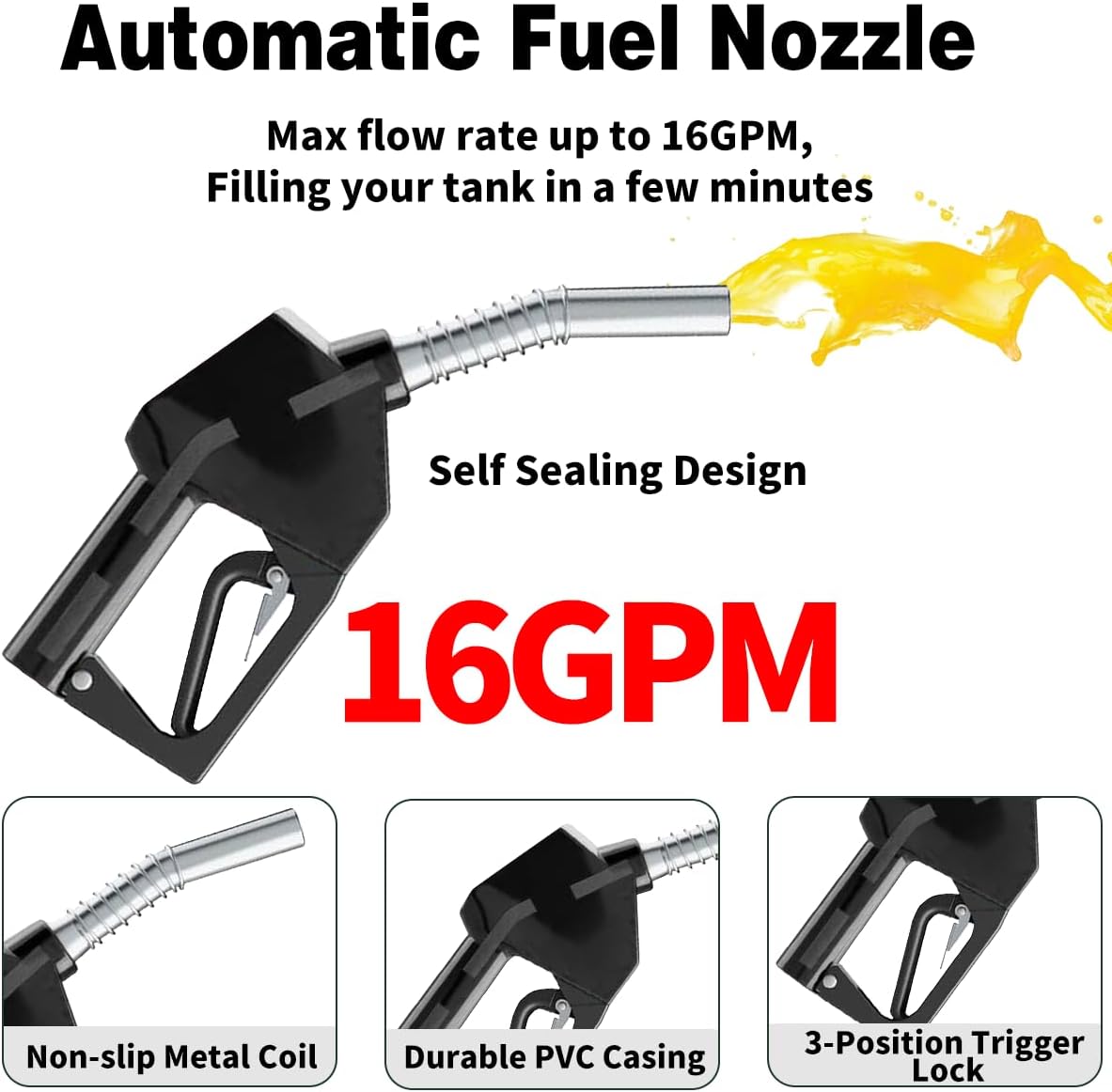 1" NPT Automatic Fuel Nozzle Auto Shut-Off Fuel Nozzle High Flow Car Fuel Filling Nozzle Used for diesel,gasoline,kerosen (Black 1" Fuel Nozzle + Swivel, 1 Inch)