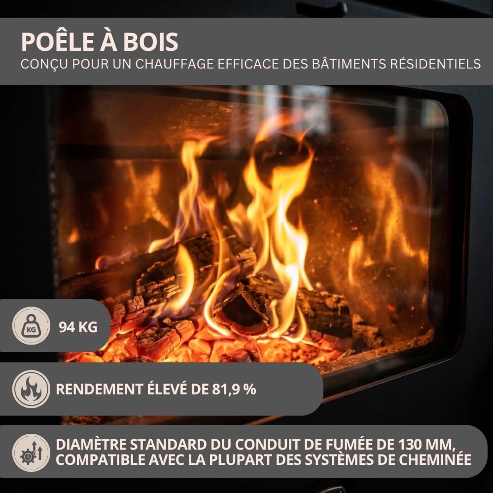 Prity K13 D Poêle à bois 11,6 kW Classe d'efficacité énergétique A+ 81,9 % d'efficacité 81,9 % Tuyau de fumée Ø 130 mm Construction en acier et fonte