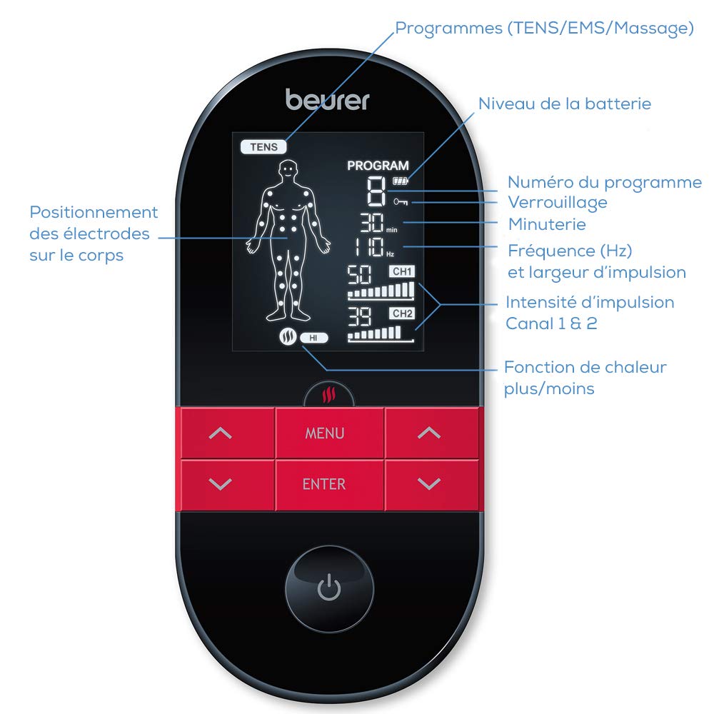 Beurer EM 59 Électrostimulateur musculaire TENS/EMS, 4-en-1 pour la thérapie de la douleur, la stimulation musculaire, le massage et avec fonction chaleur, avec 4 électrodes et batterie.