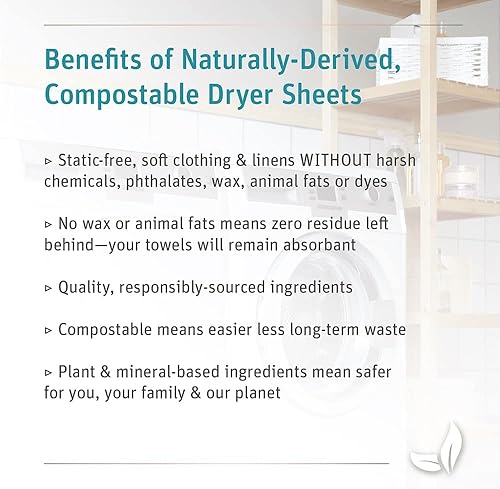 Miniatura 6 de Grab Green Hojas para secadora húmeda, 32 unidades, sin fragancia, a base de plantas, suavizan las telas, reducen la adherencia estática y las