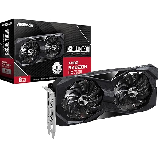 ASRock Radeon RX 7600 Challenger 8GB OC Graphics Card, AMD RDNA 3 Architecture, 8GB GDDR6, PCIe 4.0, Dual Fans, 0dB Silent Cooling, HDMI 2.1, DisplayPort 1.4