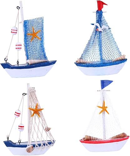 HEALEEP 4 piezas de estilo mediterráneo Mini Dhow Row Boat Gift Ornaments Nautical Party Favores Mini Ornamento Casa Regalos de Madera Barco Velero
