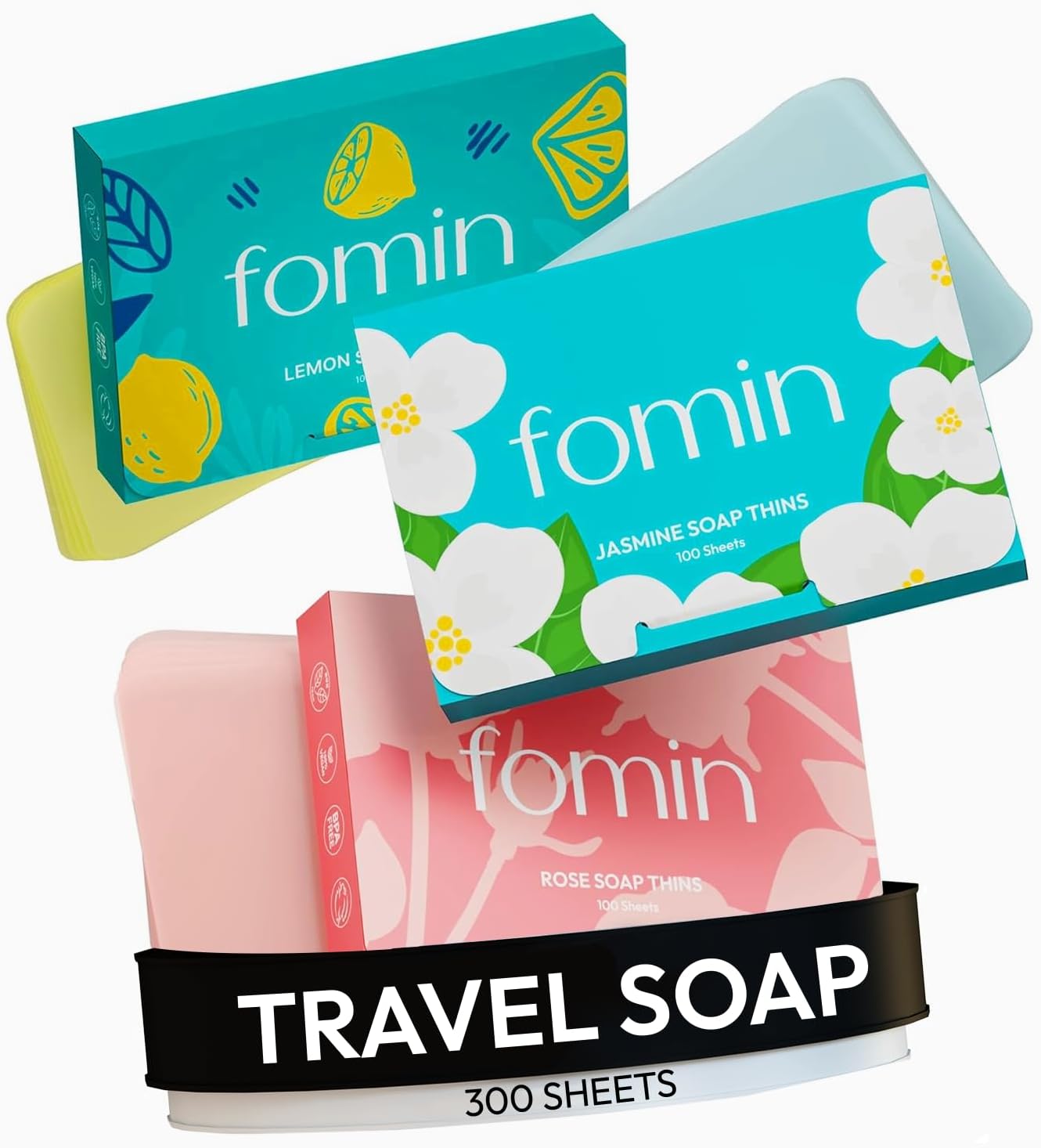 FOMIN - Antibacterial Paper Soap Sheets for Hand Washing - (300 Sheets) Rose, Jasmine, Lemon Portable Travel Dissolvable Camping Mini Soap Portable Hand Soap Sheet