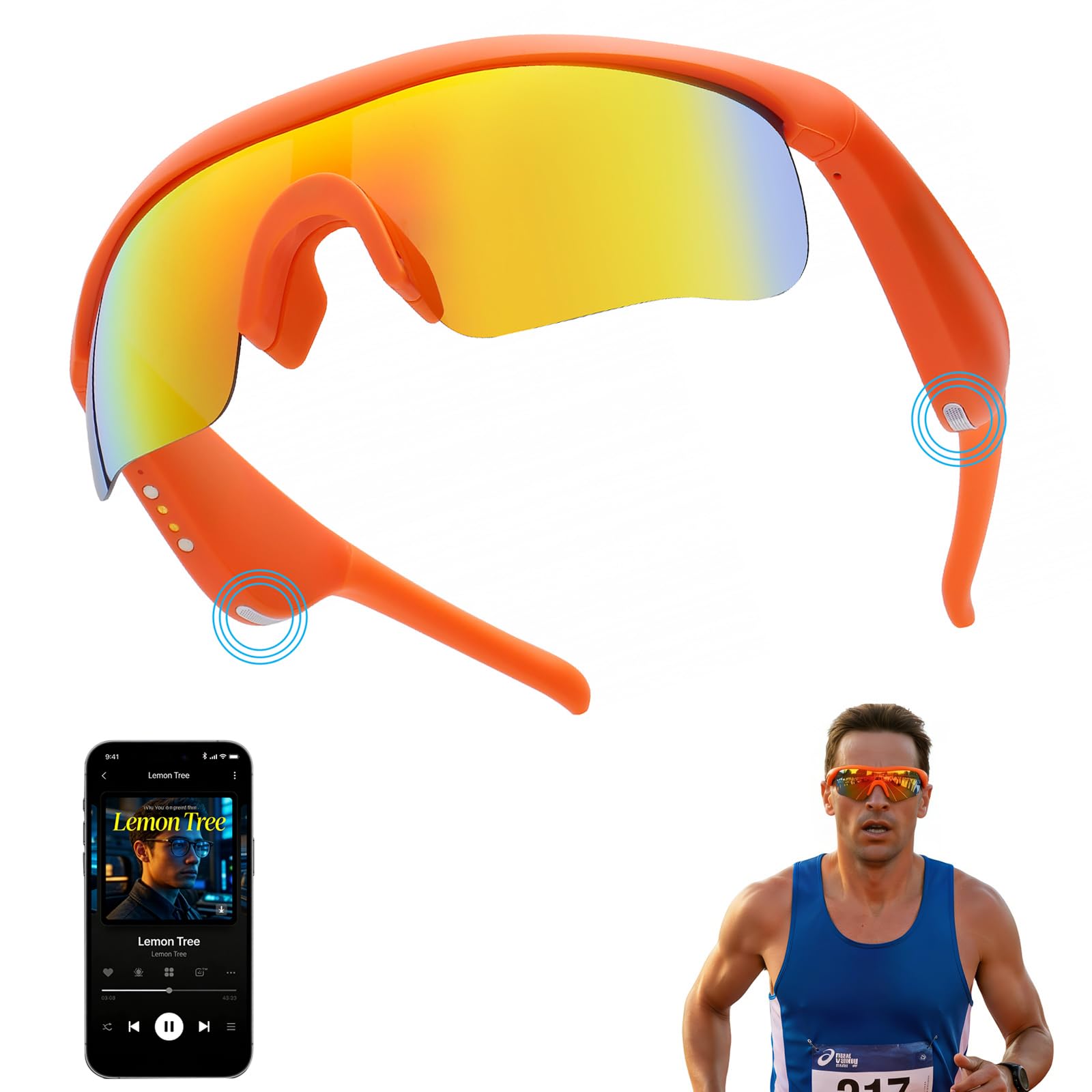 Peak Shade Smart Glasses, Sport Sunglasses Bluetooth 5.3, Voice Control Open-Ear Speaker, Polarized UV400 Protection, Magnetic Charging, IPX5 Waterproof Glasses for Outdoor(Orange/Orange)-image-19
