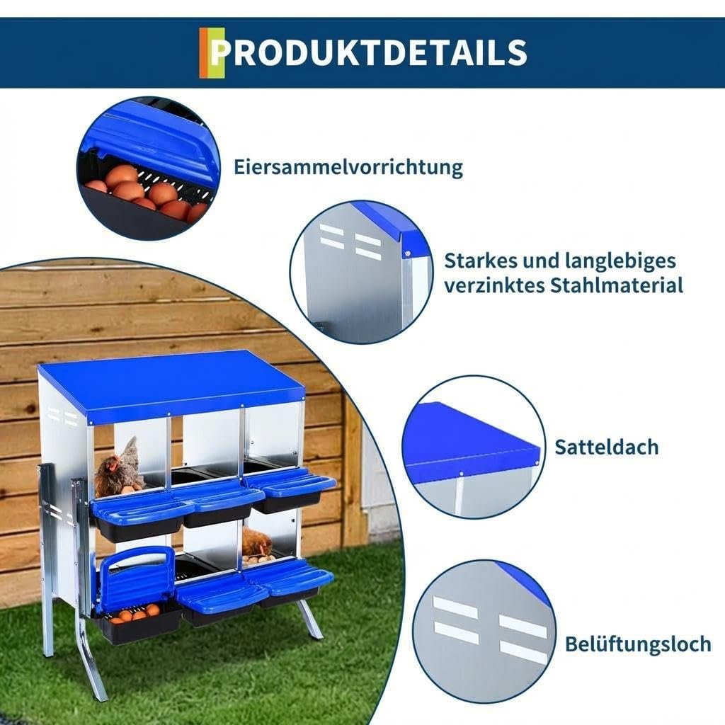 Hühner Legenest 6 Fächer Metall, Rollnest mit Beinen, verzinkt, Blau