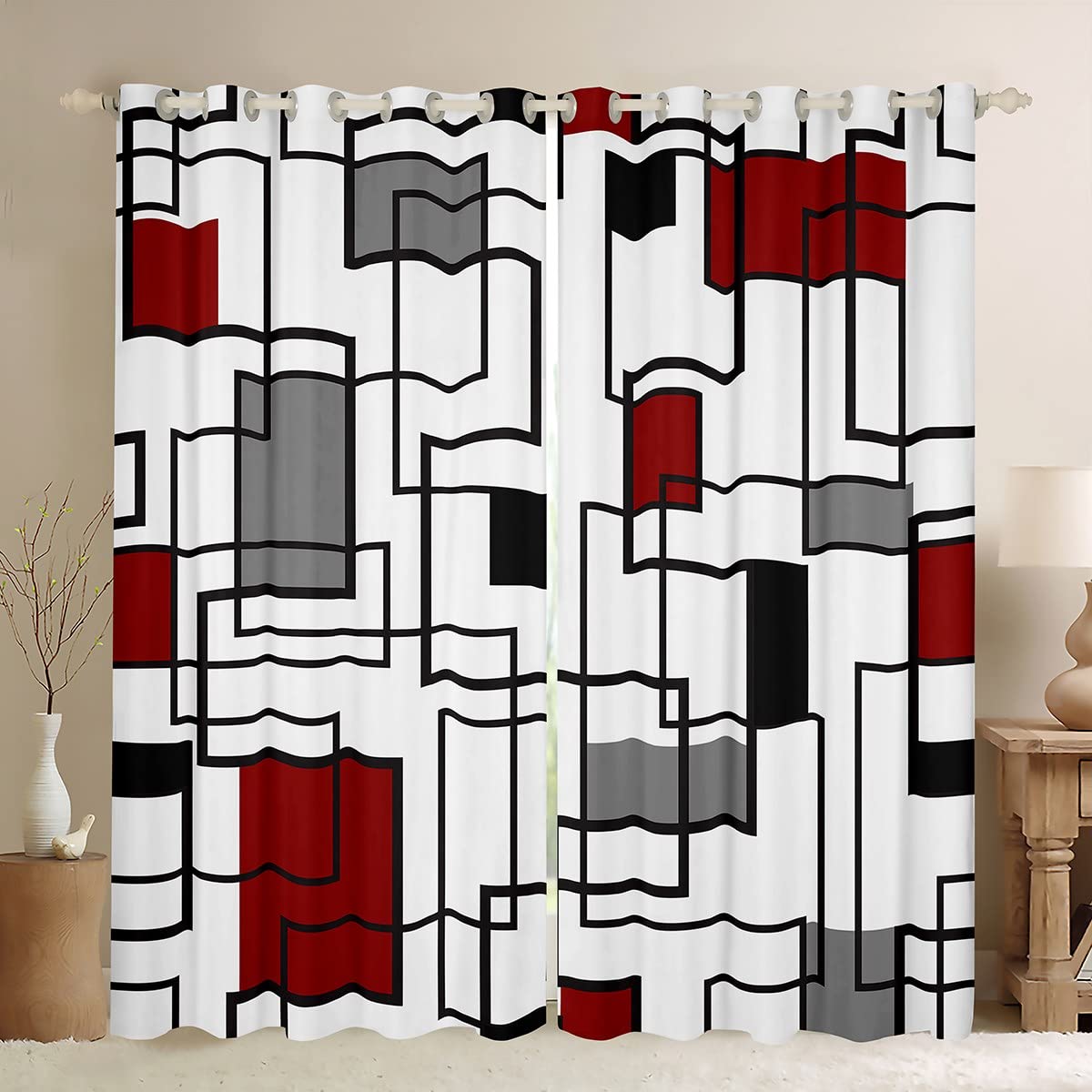 Geometric Lattice Strip Curtains Geometric Art Window Curtains for Bedroom Living Room for Kids Boys Girls Red Black Grey Window Drapes Soft Window Treatments W46*L54 — image 1
