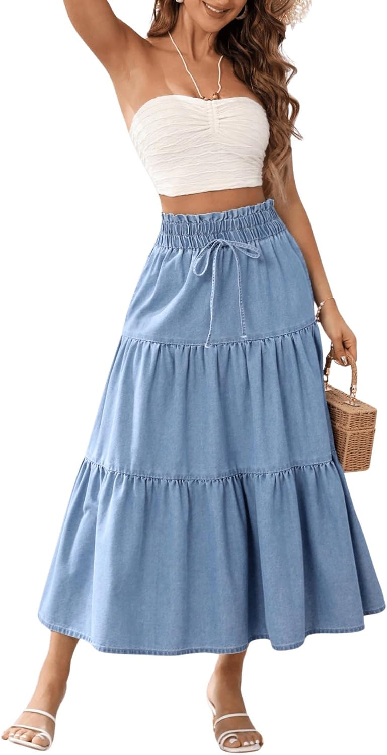 GORGLITTER Women's Jean Denim Maxi Long Skirts Rodeo Outfits Casual Ruffle Tiered High Waisted Y2k Flowy A Line Skirts