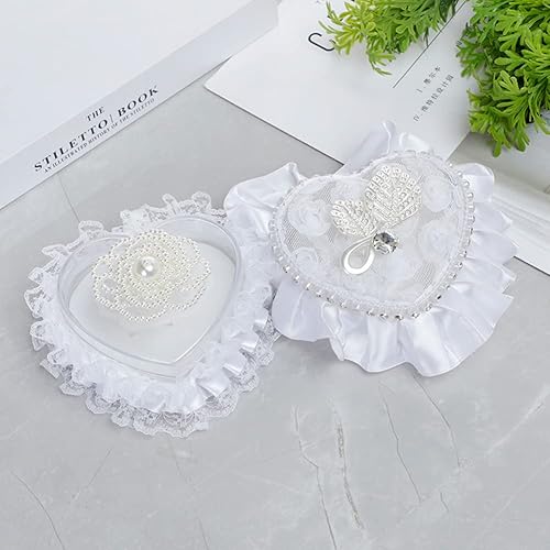 Miniatura 16 de Caja de soporte para anillo de boda en forma de corazón, almohada romántica para portador de anillo de encaje blanco, cojín romántico de perlas