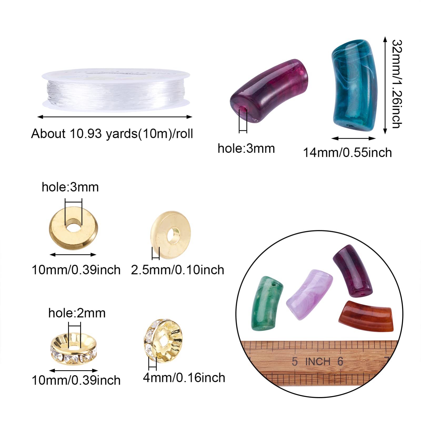 Spritewelry 180 pezzi/set di tubi curvi perline in ottone acrilico opaco distanziatori in filo di cristallo elastico colori misti per kit di artigianato fai-da-te