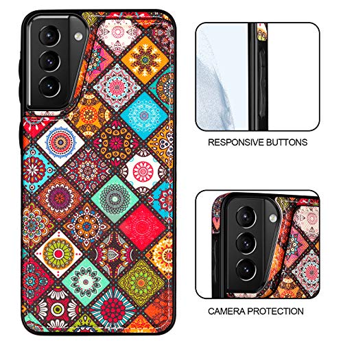 Coolden Designed For Samsung Galaxy S21 5G 6.2 Inch Case Credit Card Holder Luxury Pu Leather Stylish Mandala Kickstand Dual Layer Heavy Duty Protective Back Flip Wallet Cover Brown #TOP2