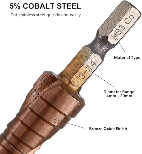 Miniatura 4 de Hymnorq Broca de acero cobalto de 12 escalones, grado M35 5% HSS Co, tamaño métrico de 0.118 in a 0.551 in, flautas espirales dobles y vástago