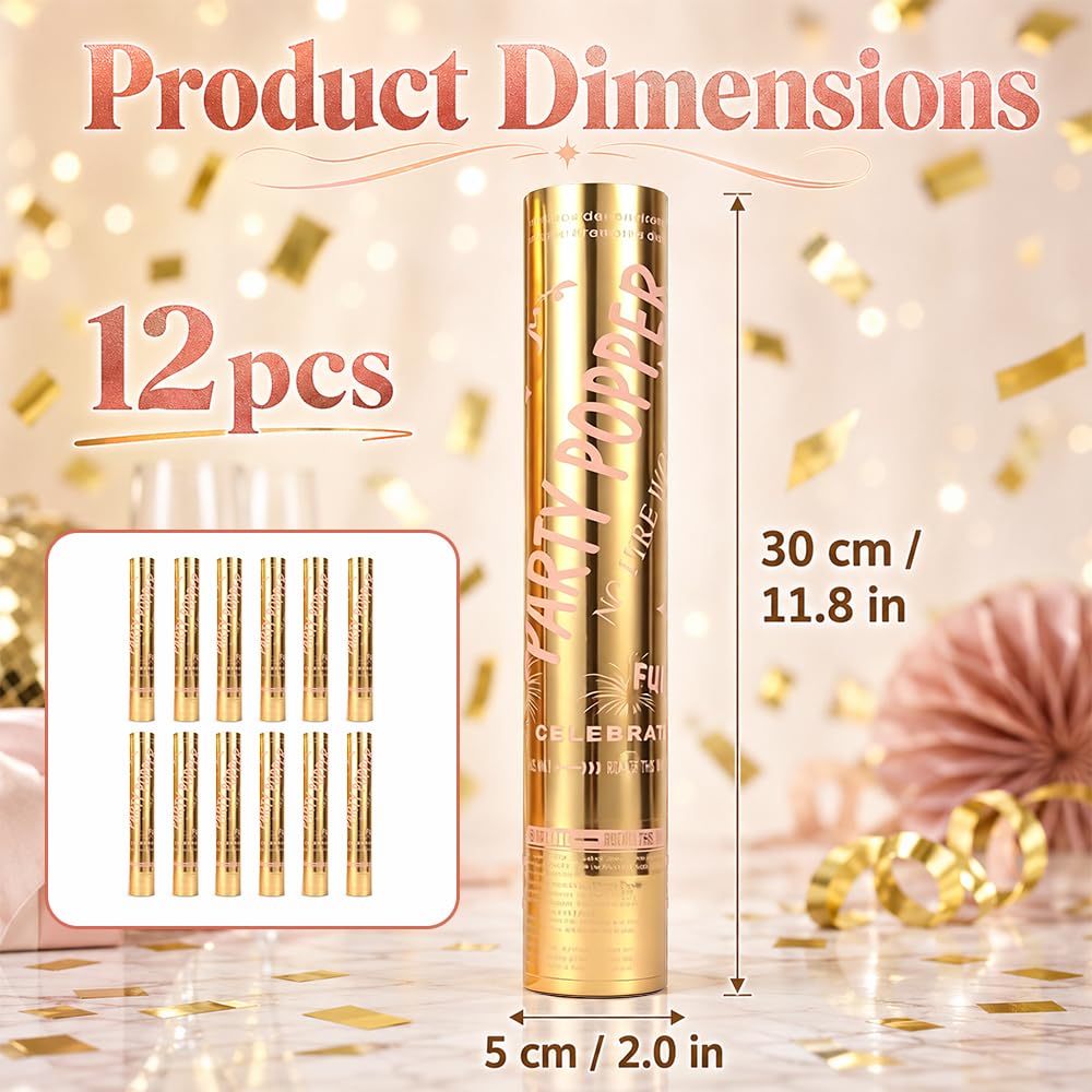 Party Kanone Konfetti Gold, 12 Stück Konfettikanonen biologisch abbaubar Gold | 30 cm große Konfettikanone für Karnevalspartys, große Konfettikanonen, ideal für Geburtstage, Partys und Hochzeiten