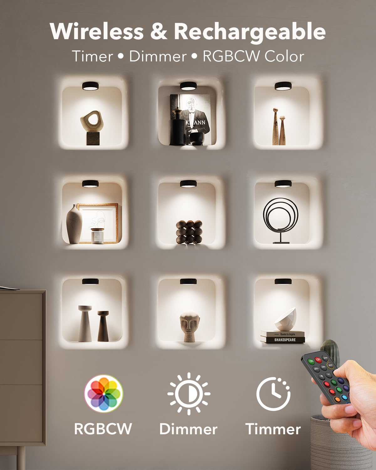 Luce LED Vetrina RGB Ricaricabile USB, Nero Faretto Colorato a Batteria da 2400mAh Luci Armadio Senza Fili con Telecomando e Magneti Luce Sottopensile Cucina LED Adesiva Lampada Sotto