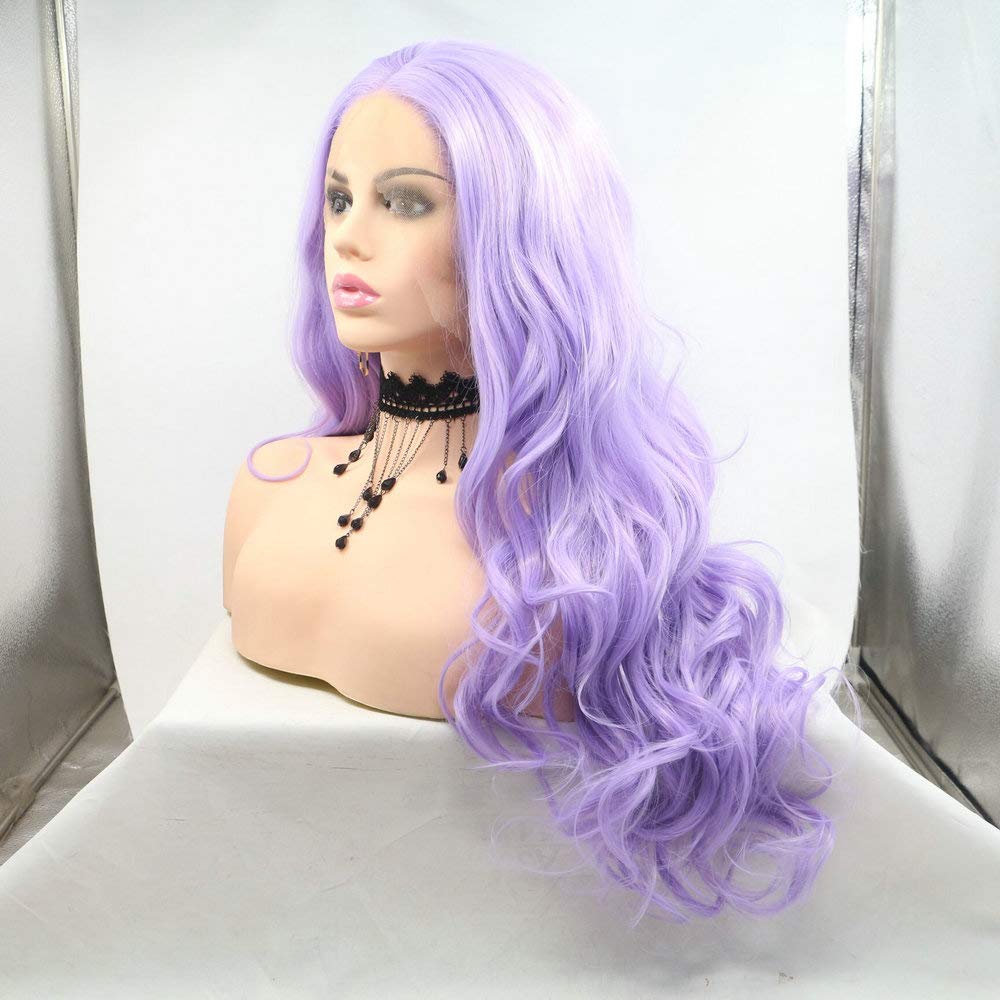 3x13" Long Wave 24" Pastel Lilac Purple Wig Ladies Party Cosplay Travel Light Purple Synthetic Lace Front Wigs for Women Daily Use Drag Queen Body Wave Purple Wigs Natural Hairline - Image 3