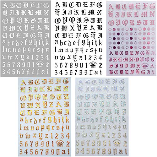 Ebanku Nail Letter Stickers 10 Sheets Nail Art Stickers For Gel Nails 5Colors Self-Adhesive Old English Words Alphabet Nail Decals #TOP6