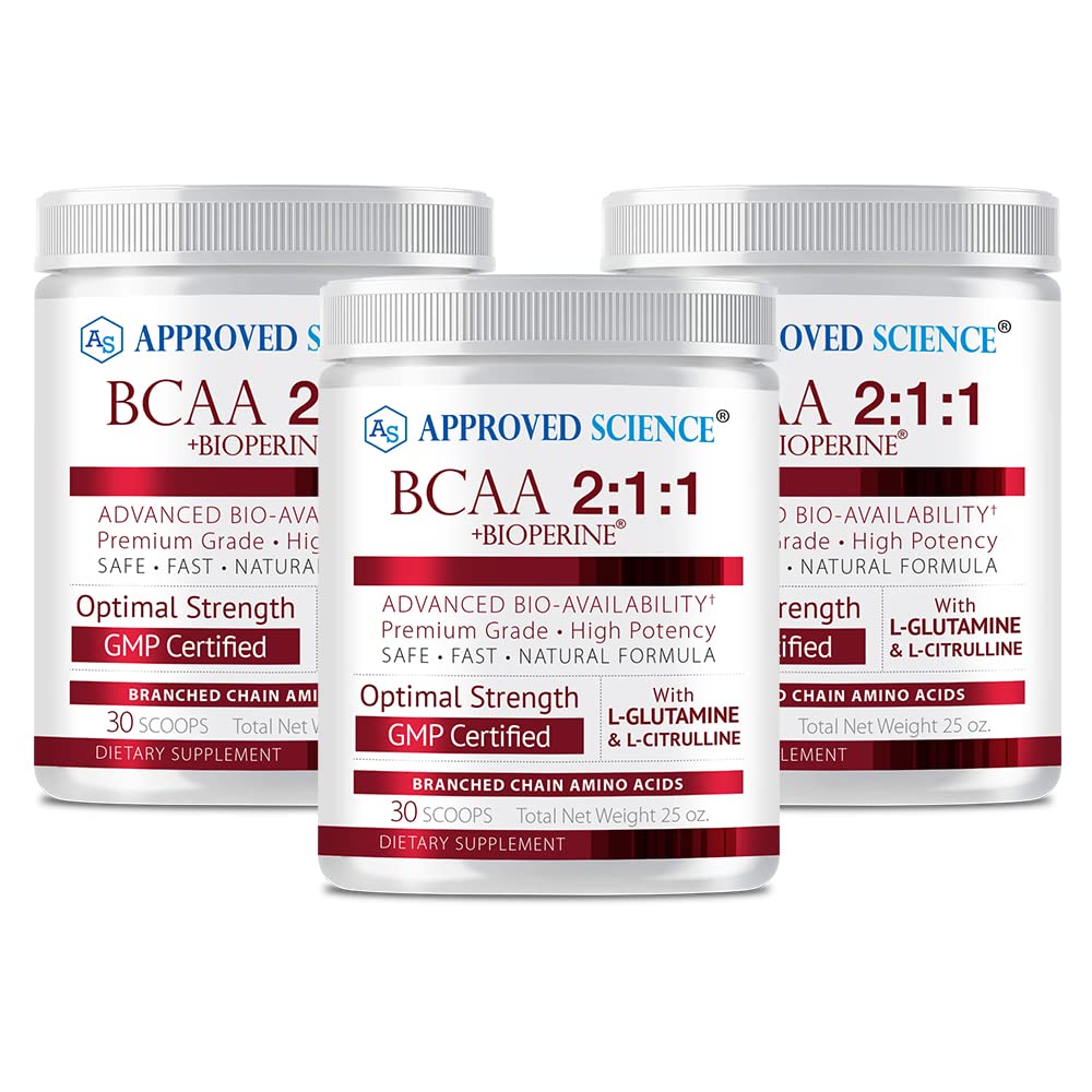 Approved Science® BCAA Powder - 2:1:1 BCAA Ratio - 3500 mg L-Leucine - Fruit Punch Flavor - 25 Ounce - 30 Servings - Workout Boost, Endurance, Prevent Burnout - BioPerine - Vegan Friendly - 3 Tubs