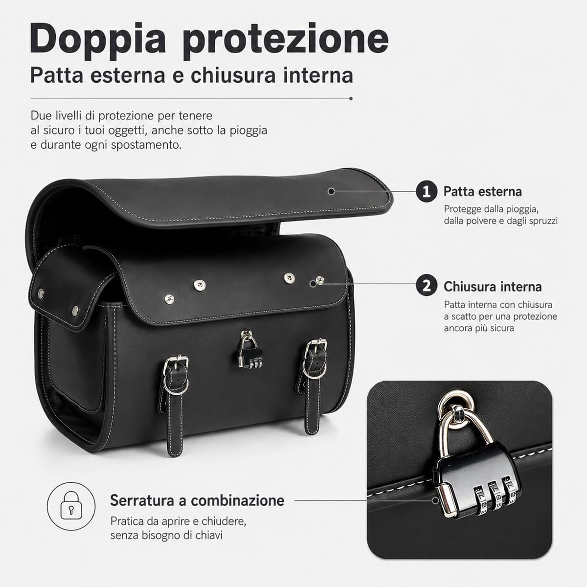 Baule Moto 45 L Nero Per Scooter, Box Posteriore Rigido Effetto Pelle Con Chiusure, Maniglia E Tasca Laterale, Forma Cilindrica, Per Casco, Guanti E Accessori Viaggio E Uso Urbano.