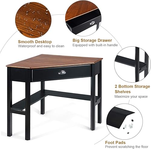 Miniatura 8 de Tangkula Escritorio de esquina, escritorio de esquina para computadora con cajón para espacio pequeño, escritorio de tocador de maquillaje de
