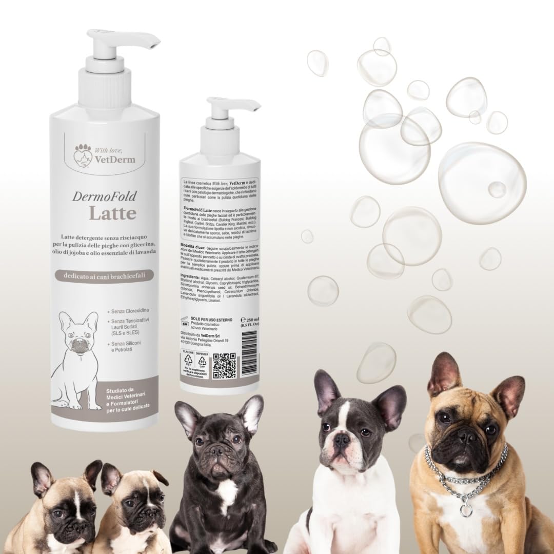 DermoFold Latte Detergente per Cani - Senza Risciacquo, per Pieghe Cutanee, Emolliente e Antiprurito - Ideale per Bulldog, Carlini, Mastini, Shih Tzu - Senza Clorexidina, Alcol, SLS/SLES e Siliconi