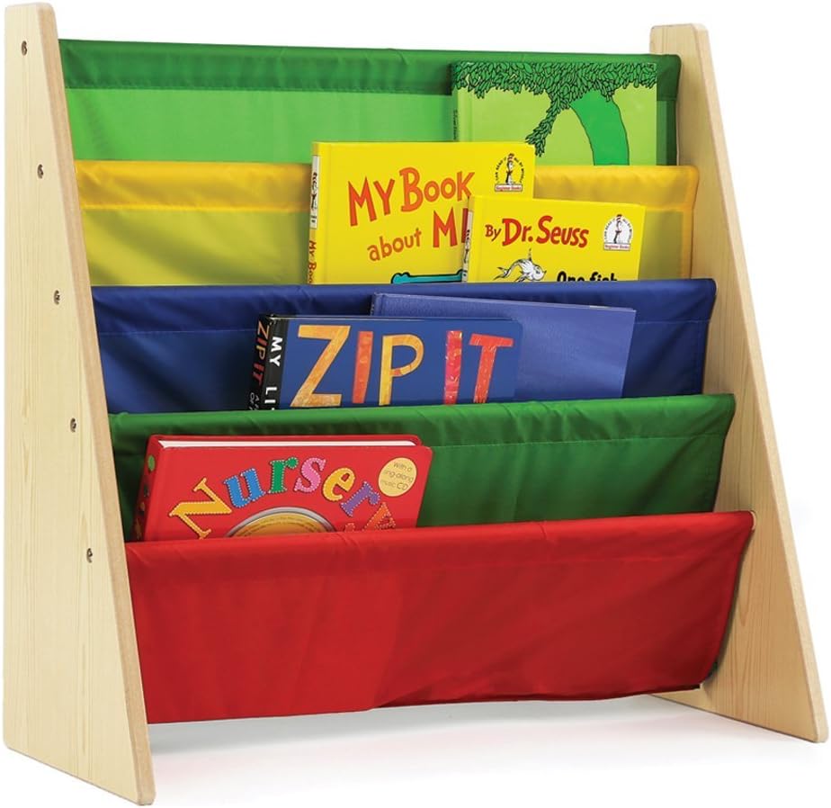 Homesmiths Kids Bookshelf, Beige Wood/Natural Book Shelf for Kids Rooms with Four Deep Pockets - Toddler Sling Book Rack with Deep Sleeves, Nursery Bookcase Organizer, 30 cm, 35 cm, 65 cm