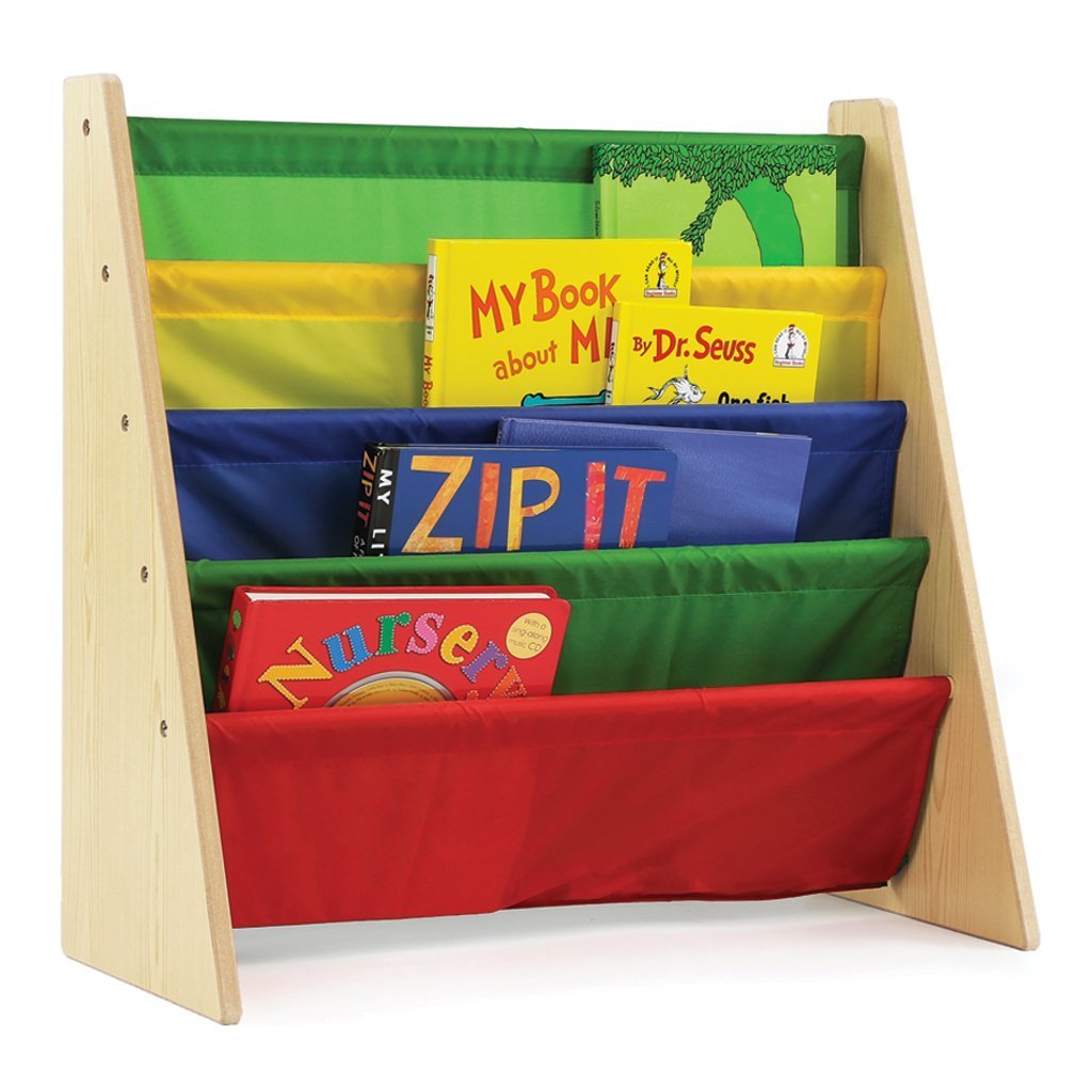 Homesmiths Kids Bookshelf, Beige Wood/Natural Book Shelf for Kids Rooms with Four Deep Pockets - Toddler Sling Book Rack w