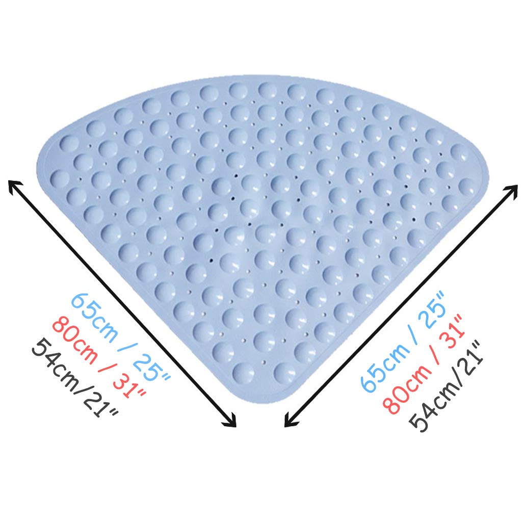Douchemat, antislip, driehoekig, 70 x 70 cm, pvc, kwart cirkel, antislipmat, douche met zuignappen, grote douchemat, antislip met afvoergaten, voor senioren, wit