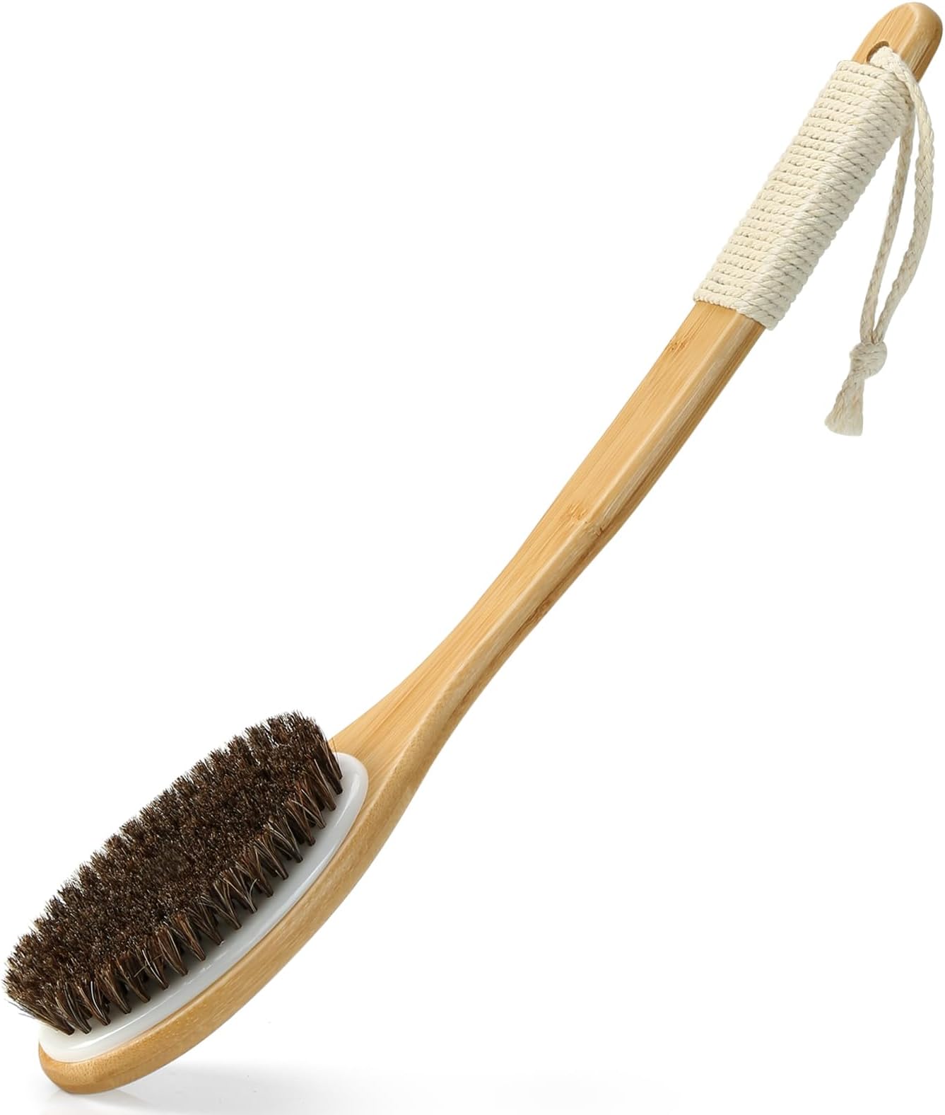 eaxun Bamboo Shower Brush with Curved Long Handle, 16.7 Inches Exfoliating Back Scrubber with Natural Bristles for Men & Women, Back Exfoliator Body Washer for Bath or Dry Brushing