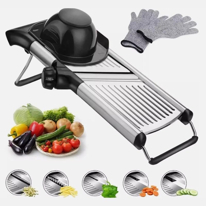 Adjustable Mandoline Food Slicer, Mandoline Slicer for Kitchen, Mandolin, Potato, Tomato, Carrot, Vegetable, Fruit and Onion Cutter - Stainless Steel - INCLUDING 1 Pair