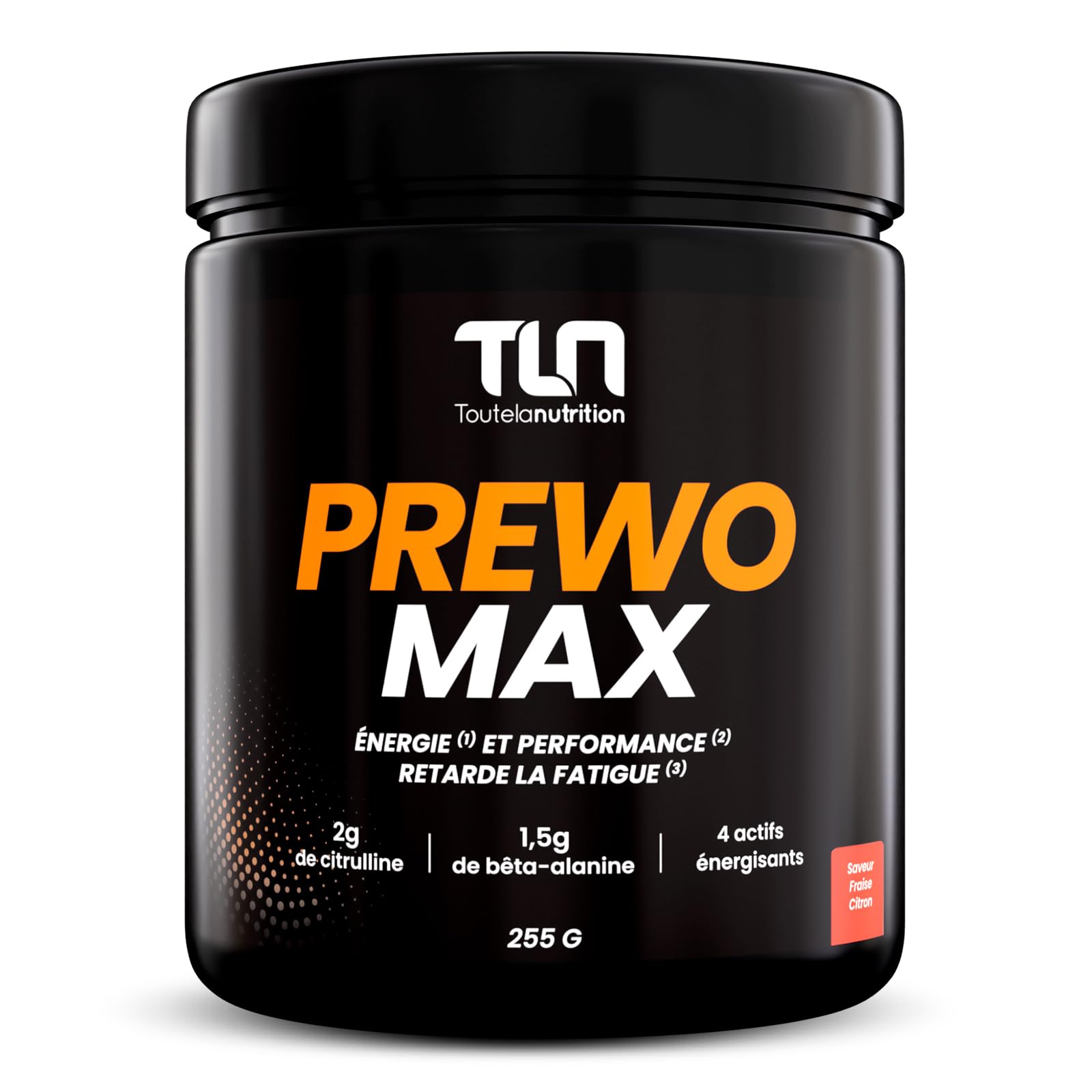 PREWO MAX | Pre-Workout avec Créatine, Caféine, Bêta-Alanine, Citrulline et Arginine | Énergie + Congestion Musculaire | Ginseng, Maca et Guarana | Saveur Fraise Citron | 255g de Poudre Vegan | TLN