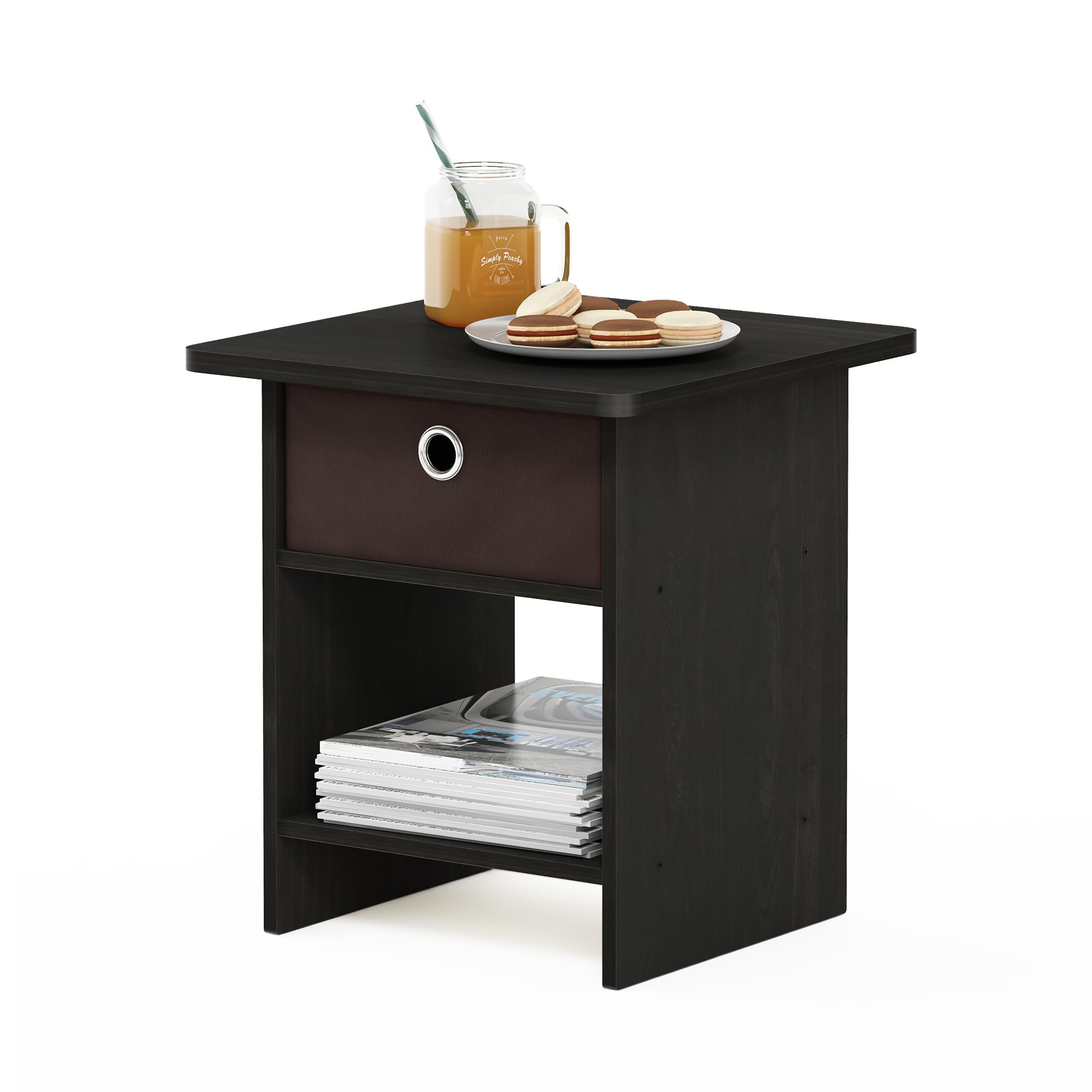 Furinno DARIO Side Table, Square End Table with Storage Bin, Round Corner Night Stand, Bedside Table with Open Back Shelf, for Living Room, Bedroom, Espresso