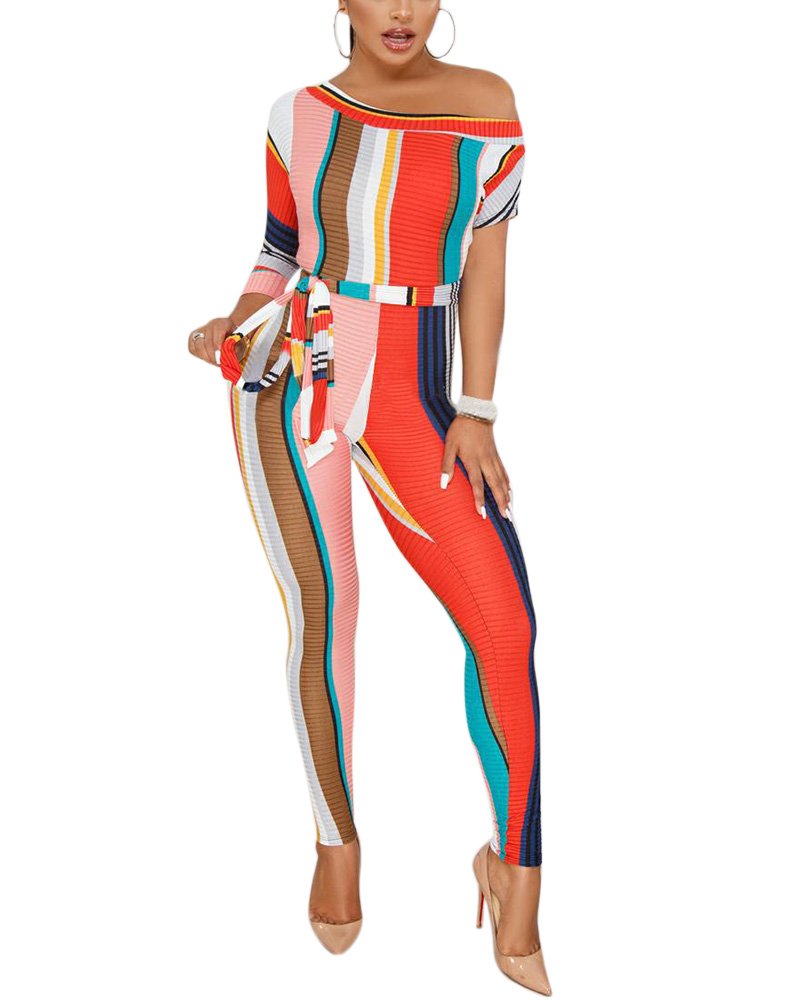 Women Sexy Strip Print Off The Shoulder Belted One Piece Bodycon Jumpsuit Long Pants Romper Party Clubwear Red Strip L