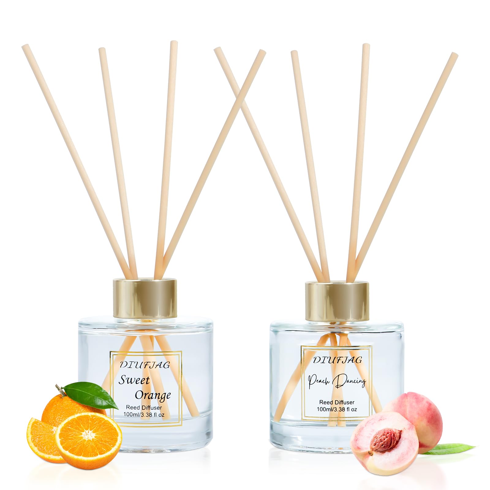 Profumo per Ambienti,2 x 100ml,Arancia/Pesca,Orange Peach Con 10 Bastoncini Profumati Aromaterapia,Diffusore per la casa,Reed Diffuser Per Camera da Letto,Ufficio,Bagno,Scaffale