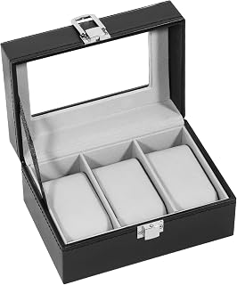 Uten 3-Slot Watch Box, PU Leather Watch Case with Glass Lid | Watch Holder Storage, Gray Velevet Lining, Fit Watch Size up to 55mm, Portable for Travel, Gift for Men and Women